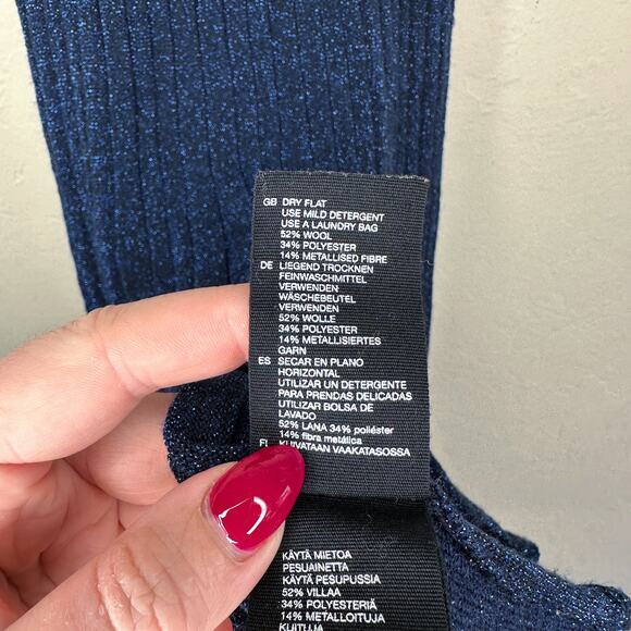 & Other Stories Glittery Pleated Rib Knit Midnight Navy Blue Sheer Midi Skirt XS - Picture 7 of 13